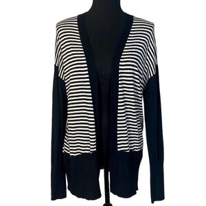 DKNY Womens P/S Cardigan Sweater Black White Striped Wool Blend Knit Open Front